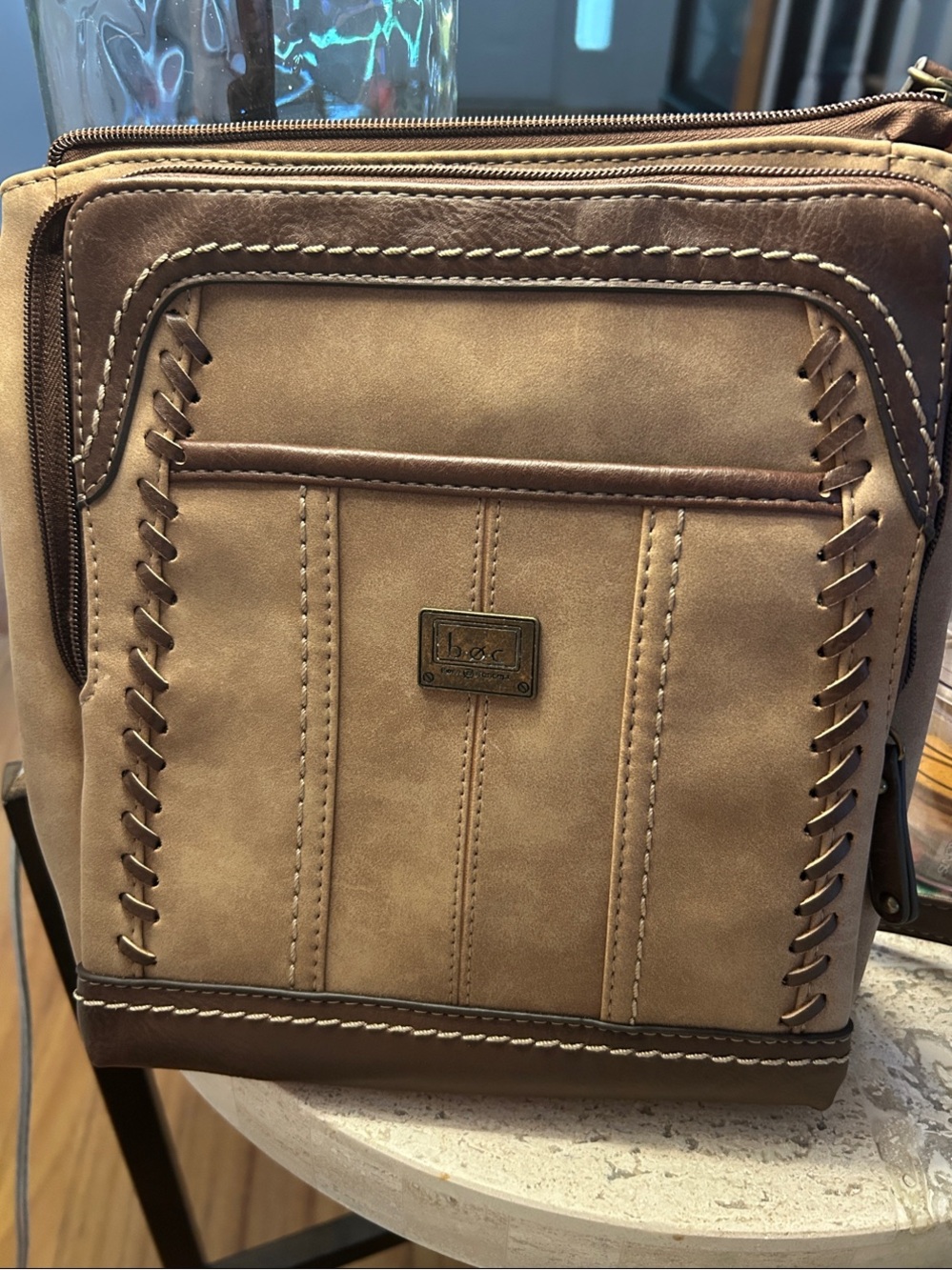 BOC Two-Tone Tan and Brown Whipstitch Crossbody Purse